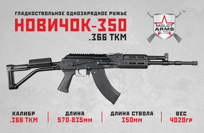 ТОЛЬКО У НАС!                 НОВИНКА от Молот "АРМЗ" НОВИЧОК L350  ружье однозарядное гладкоствольное под патрон 366 ТКМ.